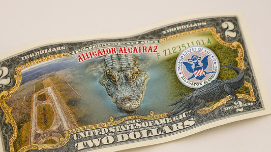 Curved U.S. $2 bill featuring vivid "Alligator Alcatraz" artwork, including an alligator's face, detention facility imagery, and patriotic Trump-era design elements.